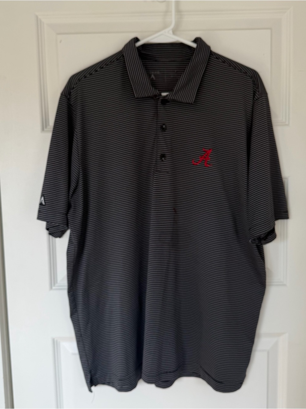 Antigua Men's Gray Striped Polo with Red Embroidered 'A' Alabama